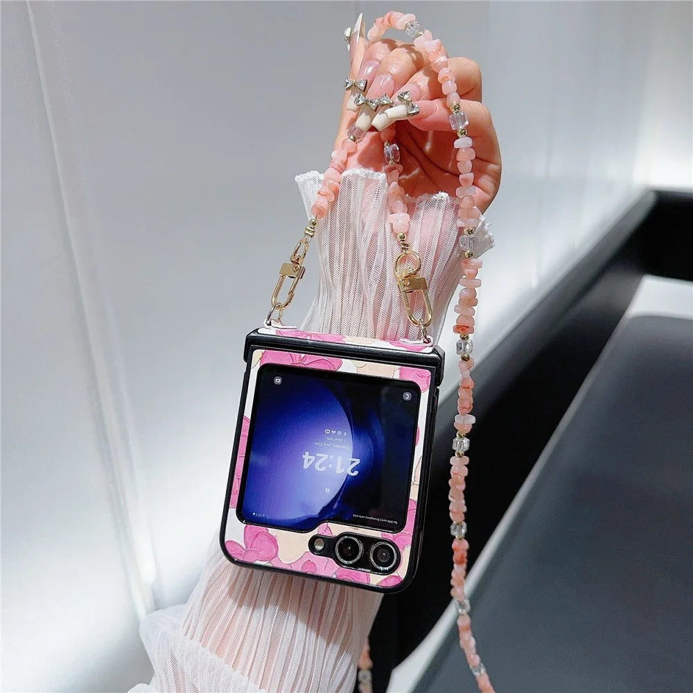 For Samsung Galaxy Z Flip5 5G Case PU Leather Coated PC Phone Cover with Jade Stones Crossbody Strap - Bear - 4