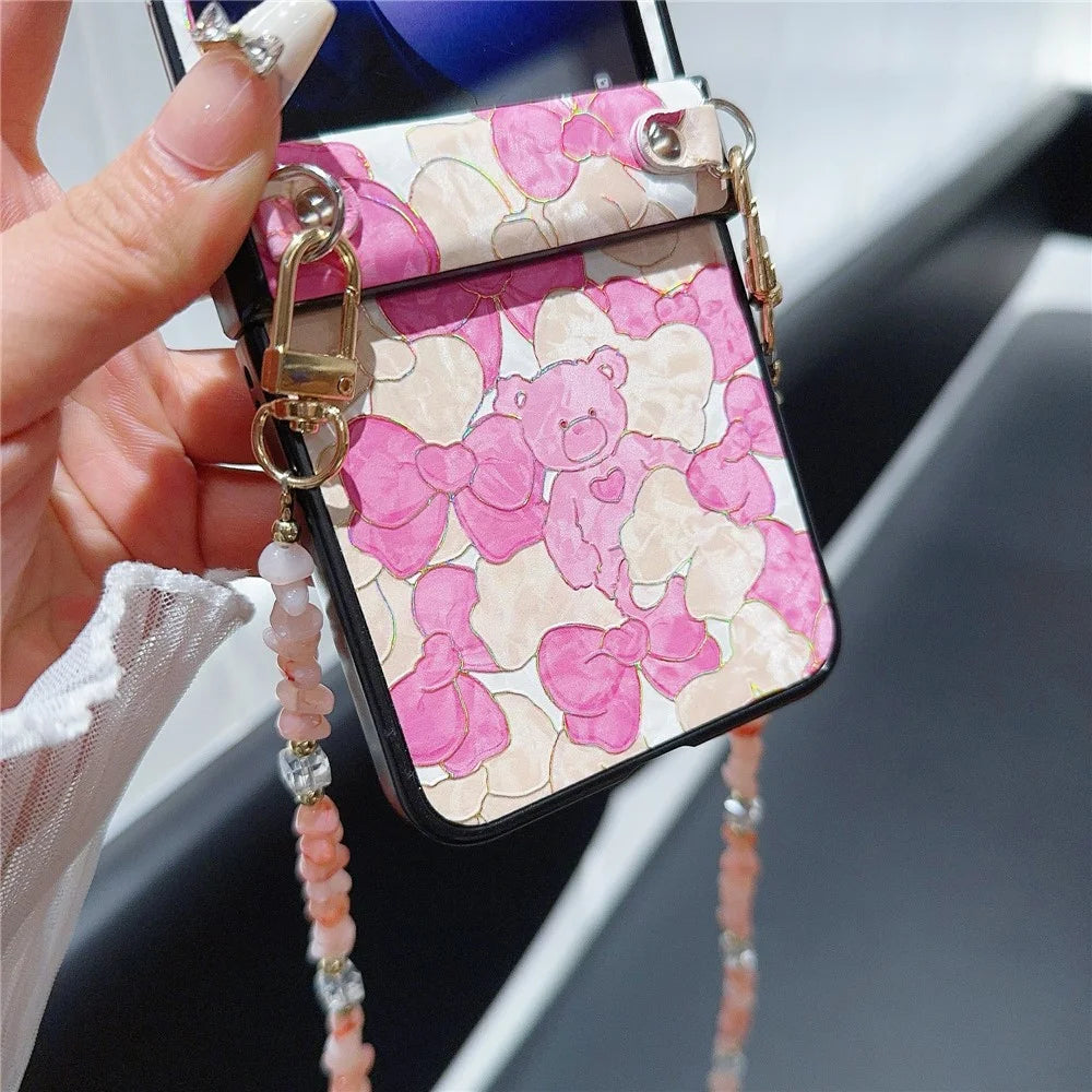 For Samsung Galaxy Z Flip5 5G Case PU Leather Coated PC Phone Cover with Jade Stones Crossbody Strap - Bear - 5