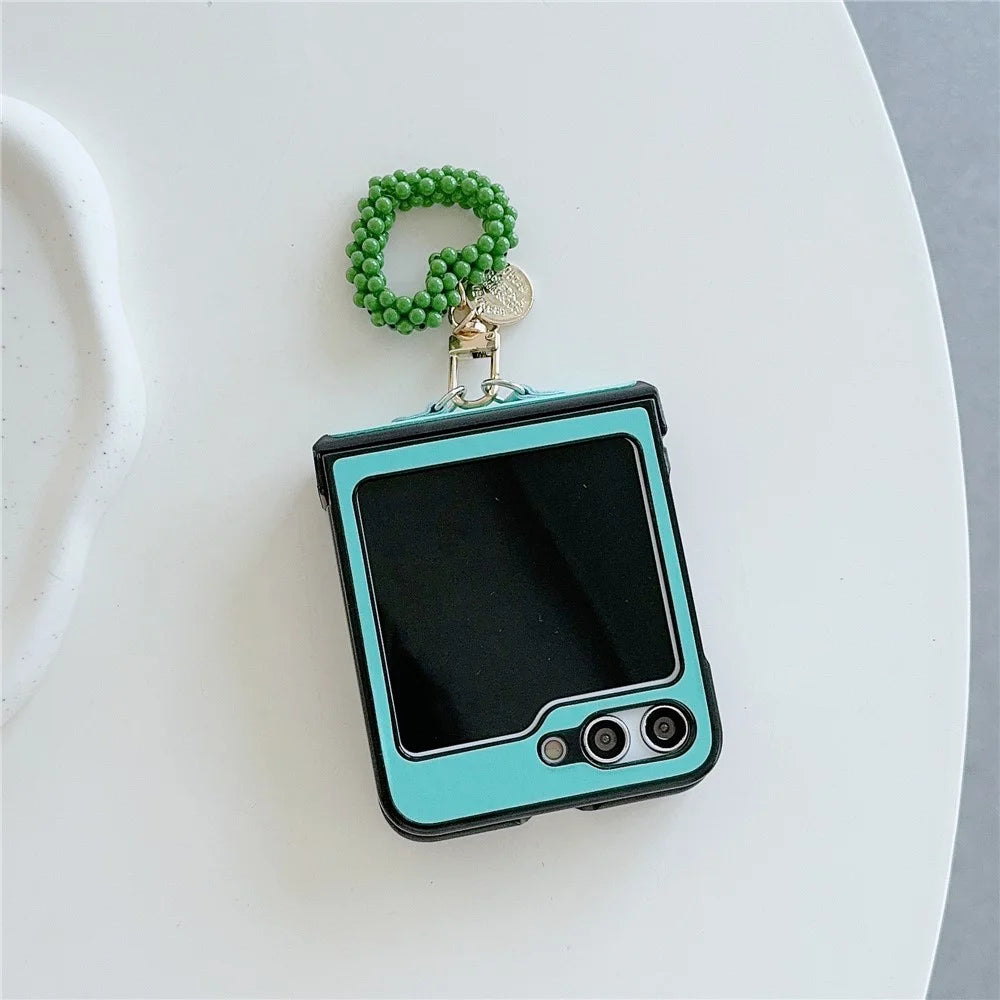 For Samsung Galaxy Z Flip5 5G Phone Case PC+PU Leather Protective Cover with Love Heart Pendant - Green - 3