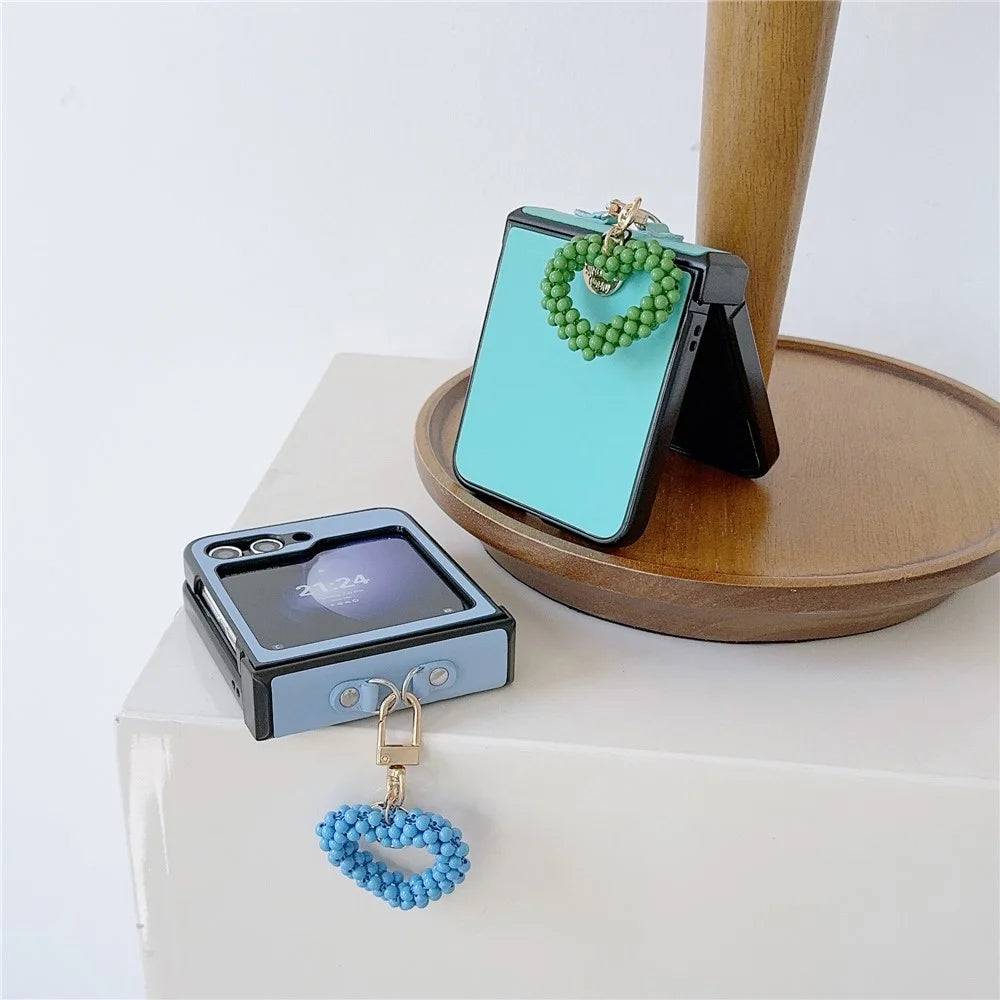 For Samsung Galaxy Z Flip5 5G Phone Case PC+PU Leather Protective Cover with Love Heart Pendant - Green - 4