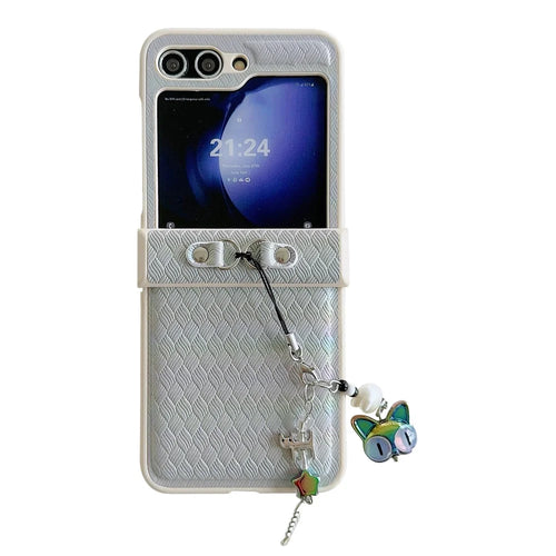 For Samsung Galaxy Z Flip5 5G Laser Rhombus Imprinted Phone Case PC+PU Leather Cover with Cat Head Pendant - Grey - 1