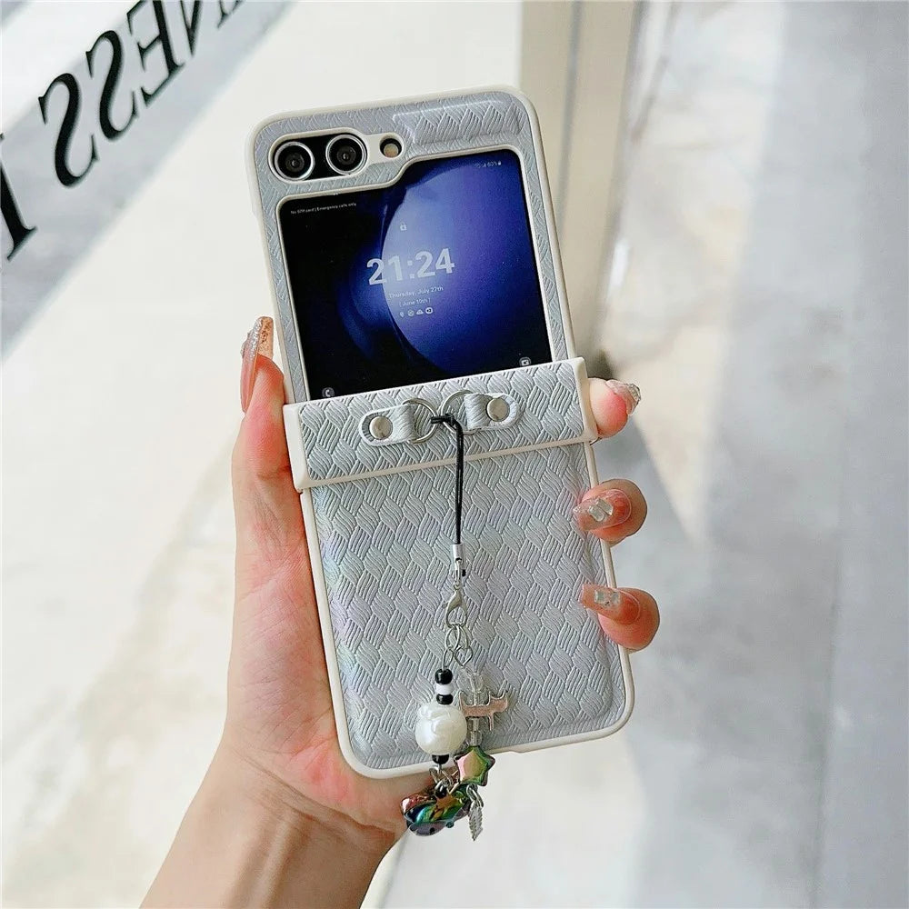For Samsung Galaxy Z Flip5 5G Laser Rhombus Imprinted Phone Case PC+PU Leather Cover with Cat Head Pendant - Grey - 2