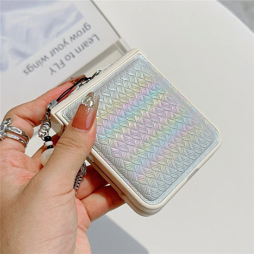 For Samsung Galaxy Z Flip5 5G Laser Rhombus Imprinted Phone Case PC+PU Leather Cover with Cat Head Pendant - Grey - 5