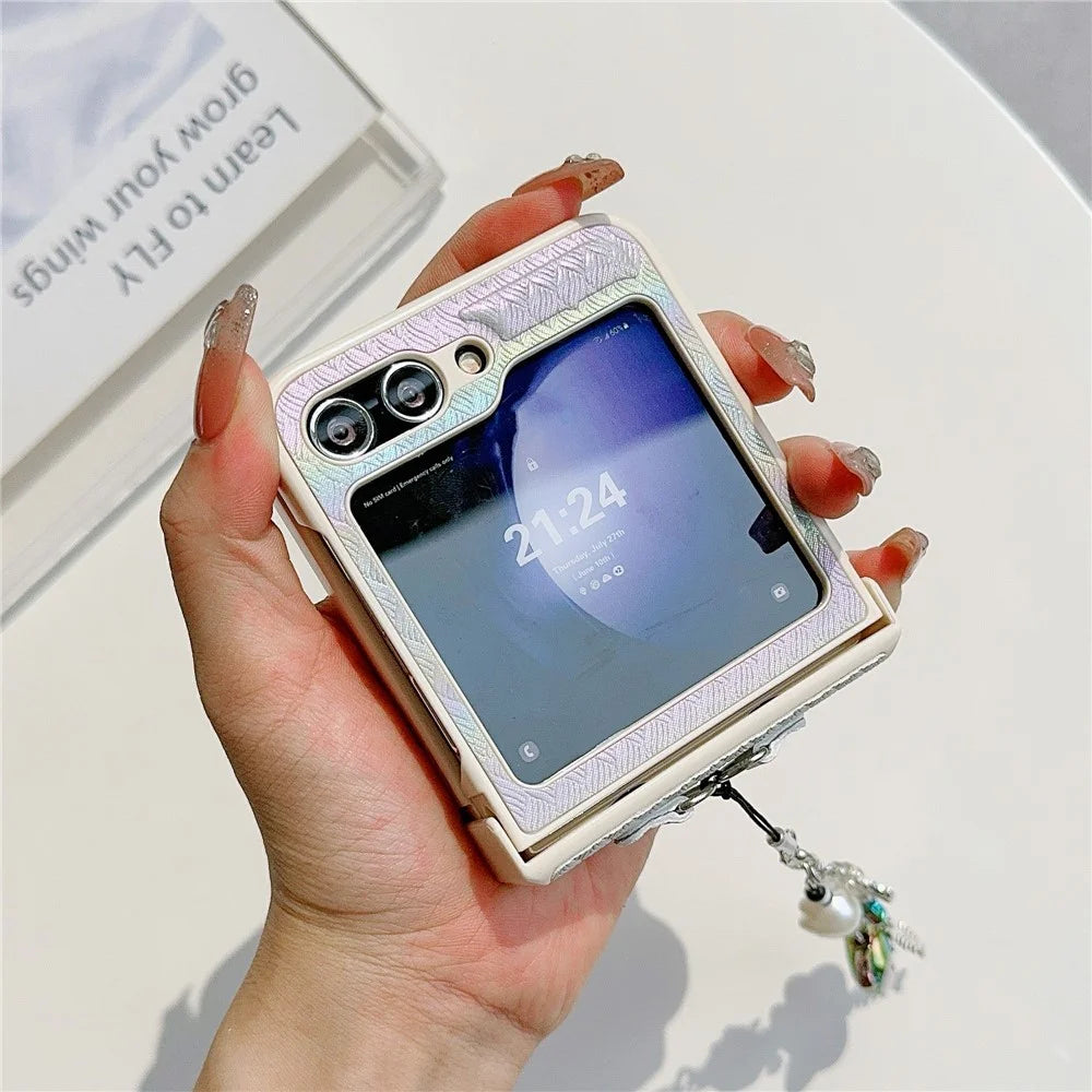For Samsung Galaxy Z Flip5 5G Laser Rhombus Imprinted Phone Case PC+PU Leather Cover with Cat Head Pendant - Grey - 6
