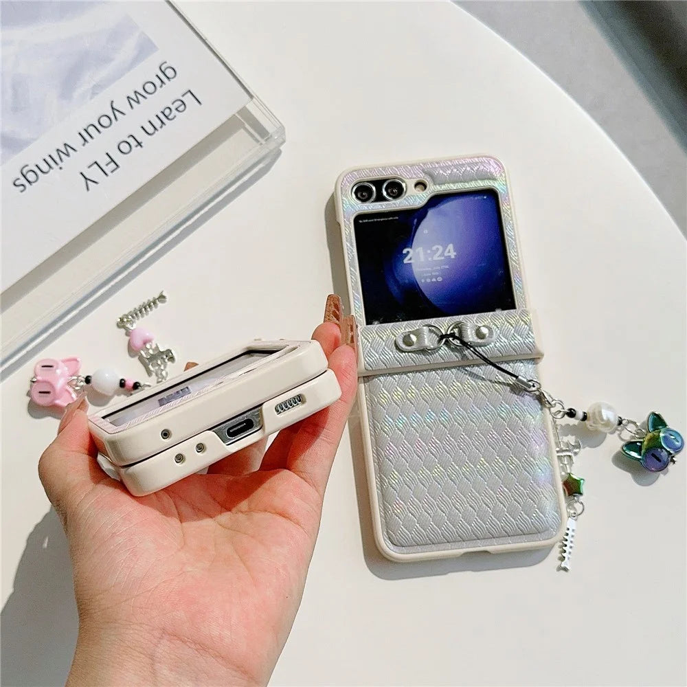 For Samsung Galaxy Z Flip5 5G Laser Rhombus Imprinted Phone Case PC+PU Leather Cover with Cat Head Pendant - Grey - 7