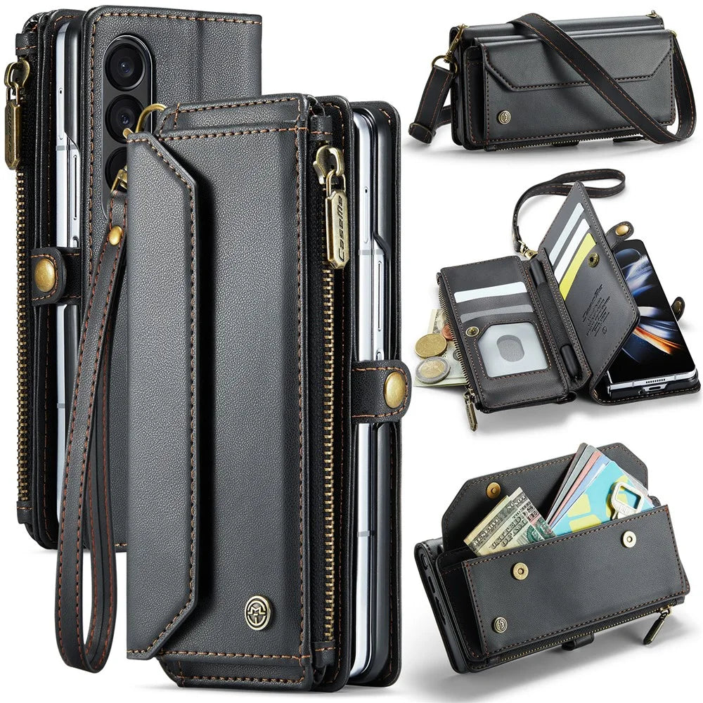 For Samsung Galaxy Z Fold4 5G Leather Case CASEME C36 Zipper Multiple Card Slots Phone Cover with Straps - Black - 1