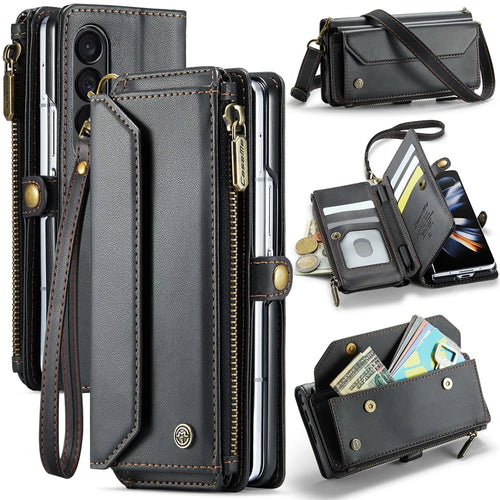 For Samsung Galaxy Z Fold4 5G Leather Case CASEME C36 Zipper Multiple Card Slots Phone Cover with Straps - Black - 1