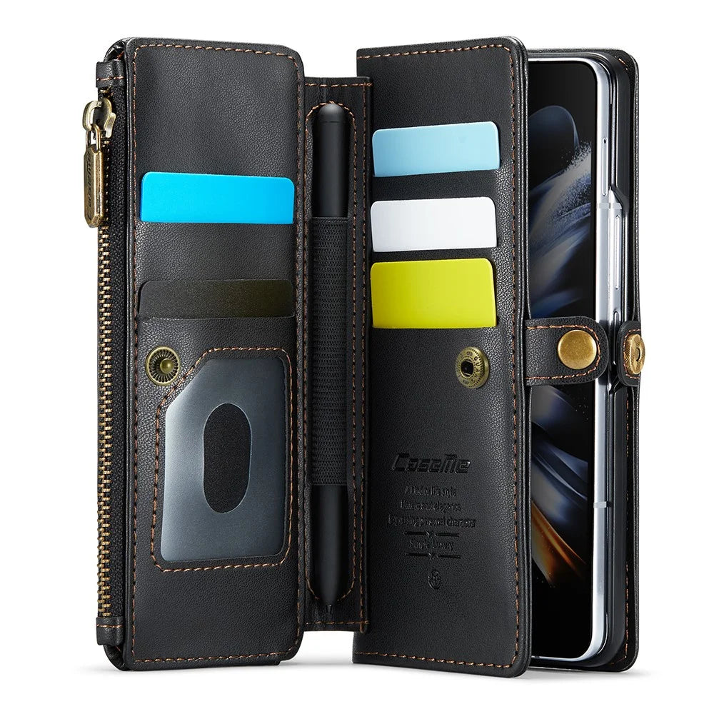 For Samsung Galaxy Z Fold4 5G Leather Case CASEME C36 Zipper Multiple Card Slots Phone Cover with Straps - Black - 2