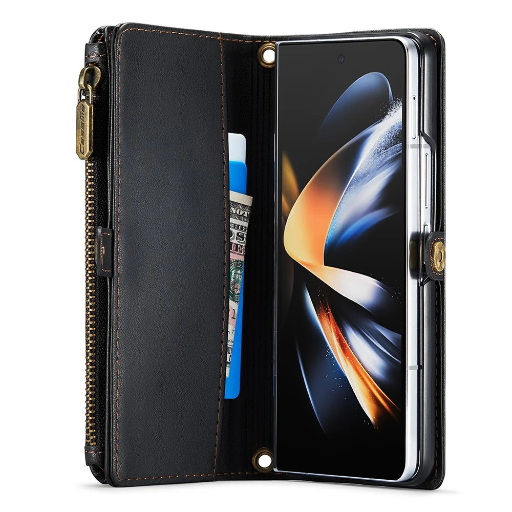 For Samsung Galaxy Z Fold4 5G Leather Case CASEME C36 Zipper Multiple Card Slots Phone Cover with Straps - Black - 3