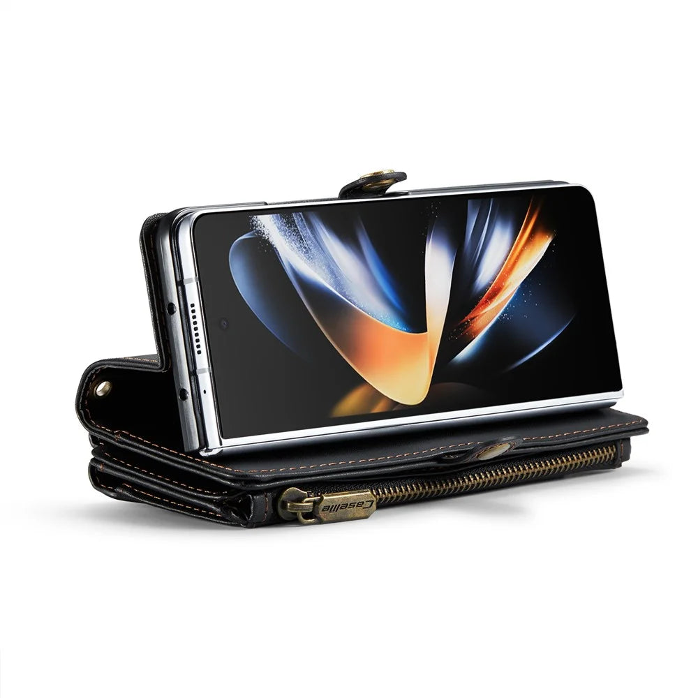 For Samsung Galaxy Z Fold4 5G Leather Case CASEME C36 Zipper Multiple Card Slots Phone Cover with Straps - Black - 4