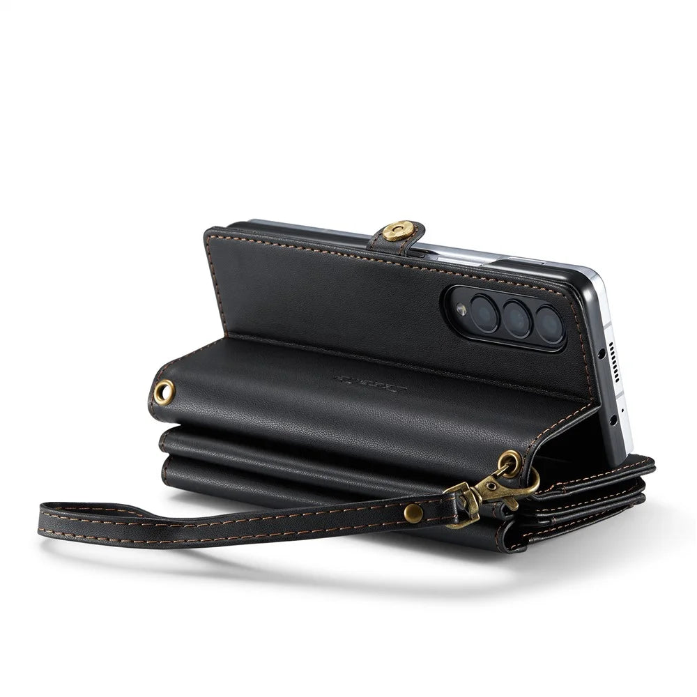 For Samsung Galaxy Z Fold4 5G Leather Case CASEME C36 Zipper Multiple Card Slots Phone Cover with Straps - Black - 6