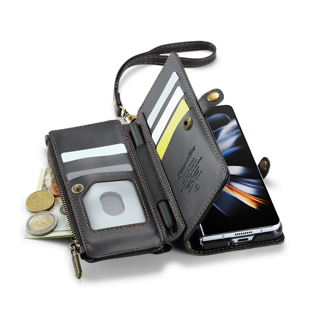 For Samsung Galaxy Z Fold4 5G Leather Case CASEME C36 Zipper Multiple Card Slots Phone Cover with Straps - Black - 7