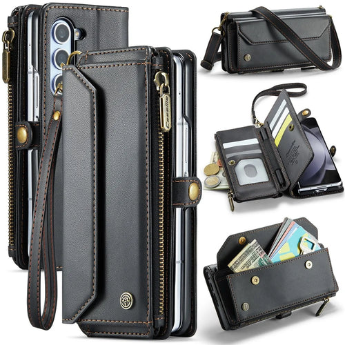 For Samsung Galaxy Z Fold5 5G Leather Case CASEME C36 Zipper Multiple Card Slots Phone Cover with Straps - Black - 1