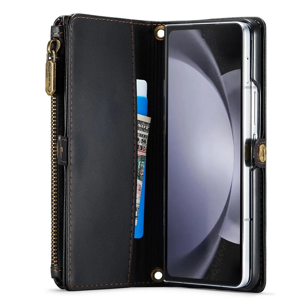 For Samsung Galaxy Z Fold5 5G Leather Case CASEME C36 Zipper Multiple Card Slots Phone Cover with Straps - Black - 3