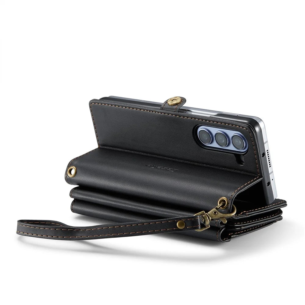 For Samsung Galaxy Z Fold5 5G Leather Case CASEME C36 Zipper Multiple Card Slots Phone Cover with Straps - Black - 6