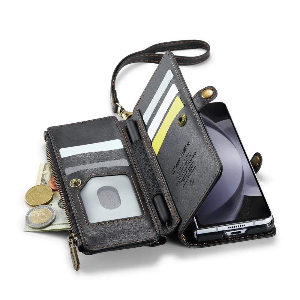For Samsung Galaxy Z Fold5 5G Leather Case CASEME C36 Zipper Multiple Card Slots Phone Cover with Straps - Black - 7