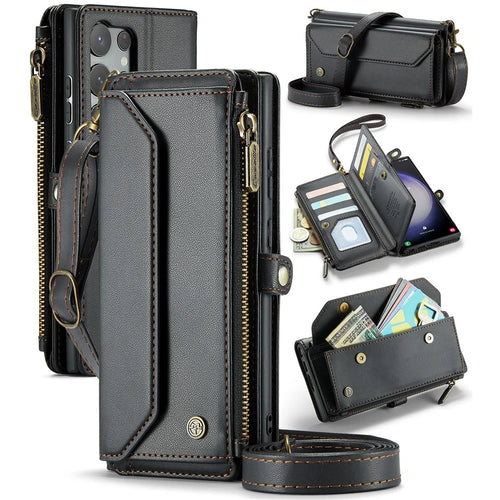 For Samsung Galaxy S23 Ultra Leather Case CASEME C36 Zipper Multiple Card Slots Phone Cover with Straps - Black - 1