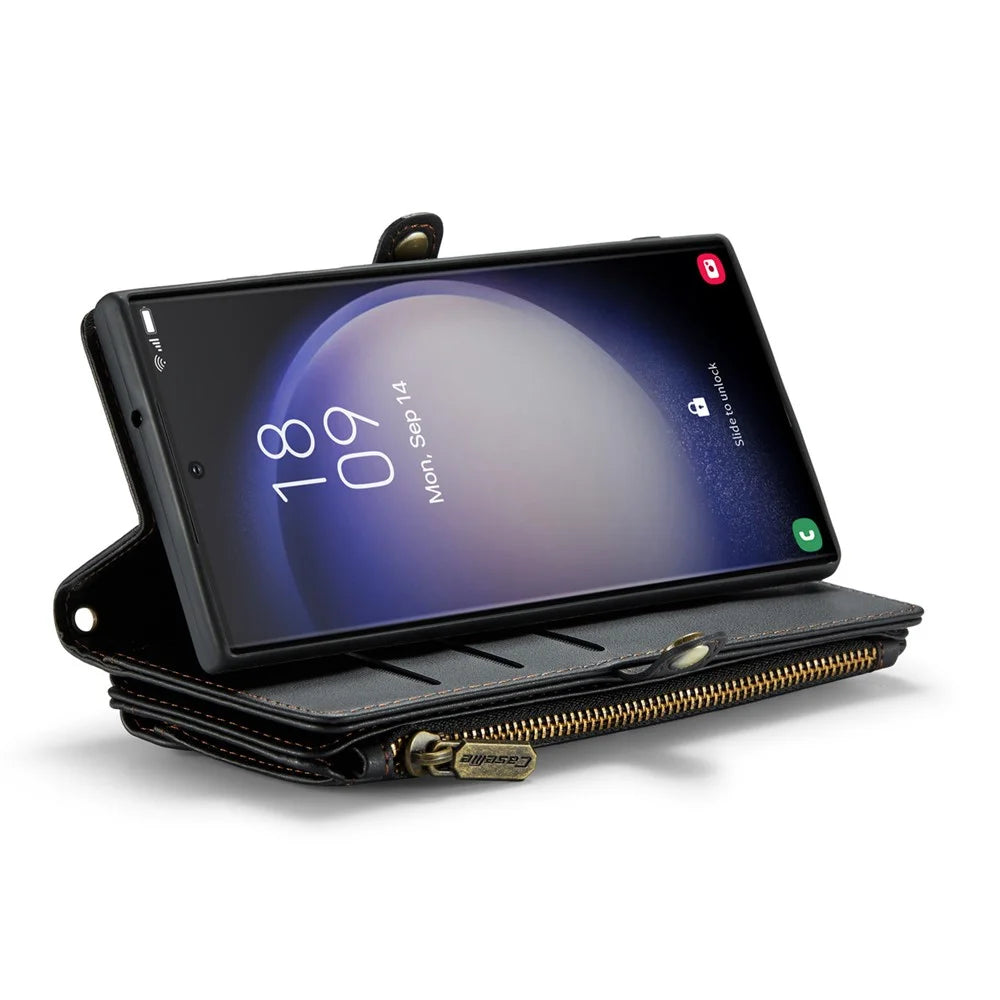 For Samsung Galaxy S23 Ultra Leather Case CASEME C36 Zipper Multiple Card Slots Phone Cover with Straps - Black - 3