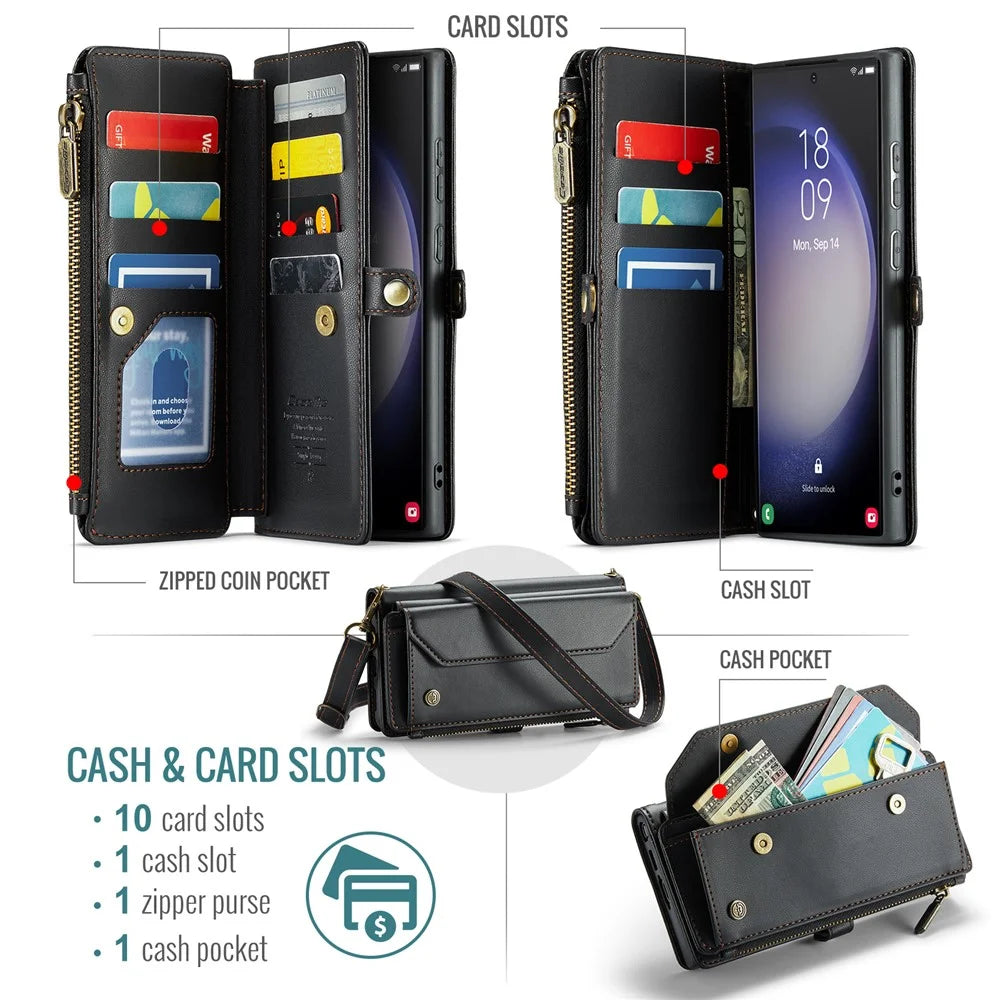 For Samsung Galaxy S23 Ultra Leather Case CASEME C36 Zipper Multiple Card Slots Phone Cover with Straps - Black - 4