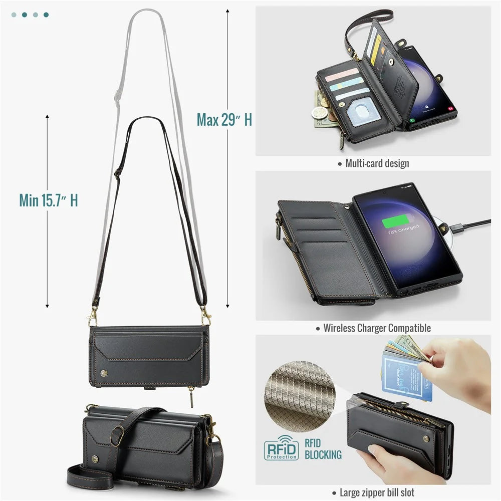 For Samsung Galaxy S23 Ultra Leather Case CASEME C36 Zipper Multiple Card Slots Phone Cover with Straps - Black - 7