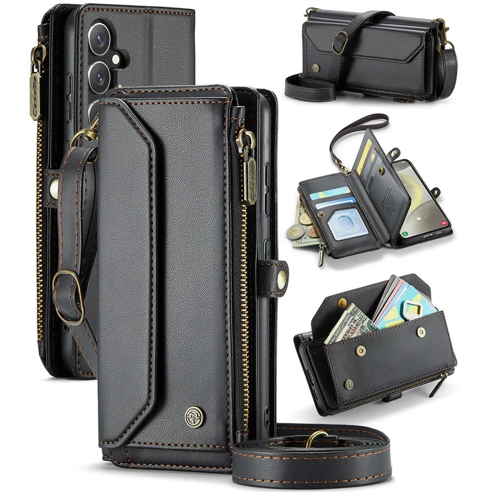 For Samsung Galaxy S24 Leather Case CASEME C36 Zipper Multiple Card Slots Phone Cover with Straps - Black - 1
