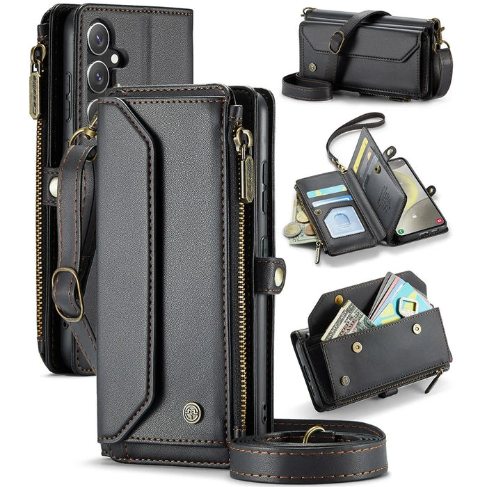 For Samsung Galaxy S24 Leather Case CASEME C36 Zipper Multiple Card Slots Phone Cover with Straps - Black - 1