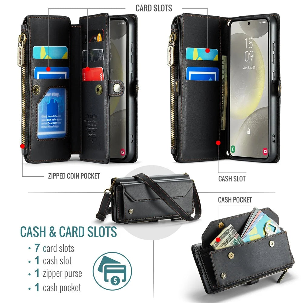For Samsung Galaxy S24 Leather Case CASEME C36 Zipper Multiple Card Slots Phone Cover with Straps - Black - 4