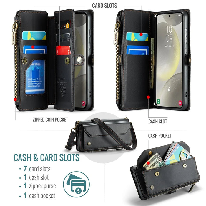 For Samsung Galaxy S24+ Leather Case CASEME C36 Zipper Multiple Card Slots Phone Cover with Straps - Black - 4