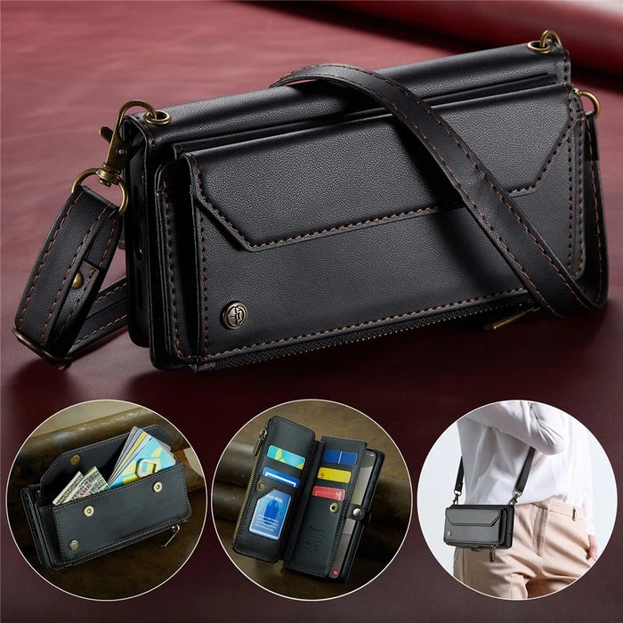 For Samsung Galaxy S24+ Leather Case CASEME C36 Zipper Multiple Card Slots Phone Cover with Straps - Black - 5