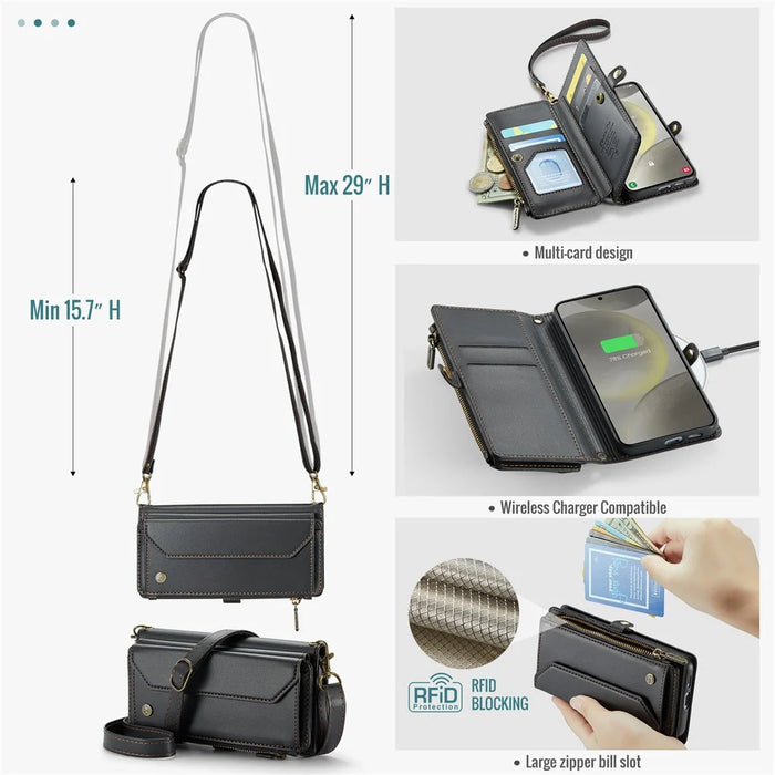For Samsung Galaxy S24+ Leather Case CASEME C36 Zipper Multiple Card Slots Phone Cover with Straps - Black - 7