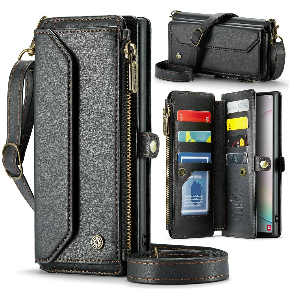 For Samsung Galaxy Note 10 Plus 4G / 5G Leather Case CASEME C36 Zipper Multiple Card Slots Phone Cover with Straps - Black - 1