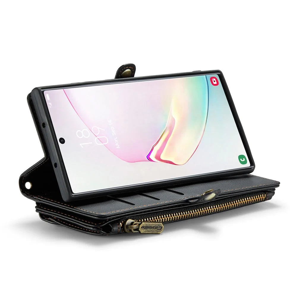 For Samsung Galaxy Note 10 Plus 4G / 5G Leather Case CASEME C36 Zipper Multiple Card Slots Phone Cover with Straps - Black - 3