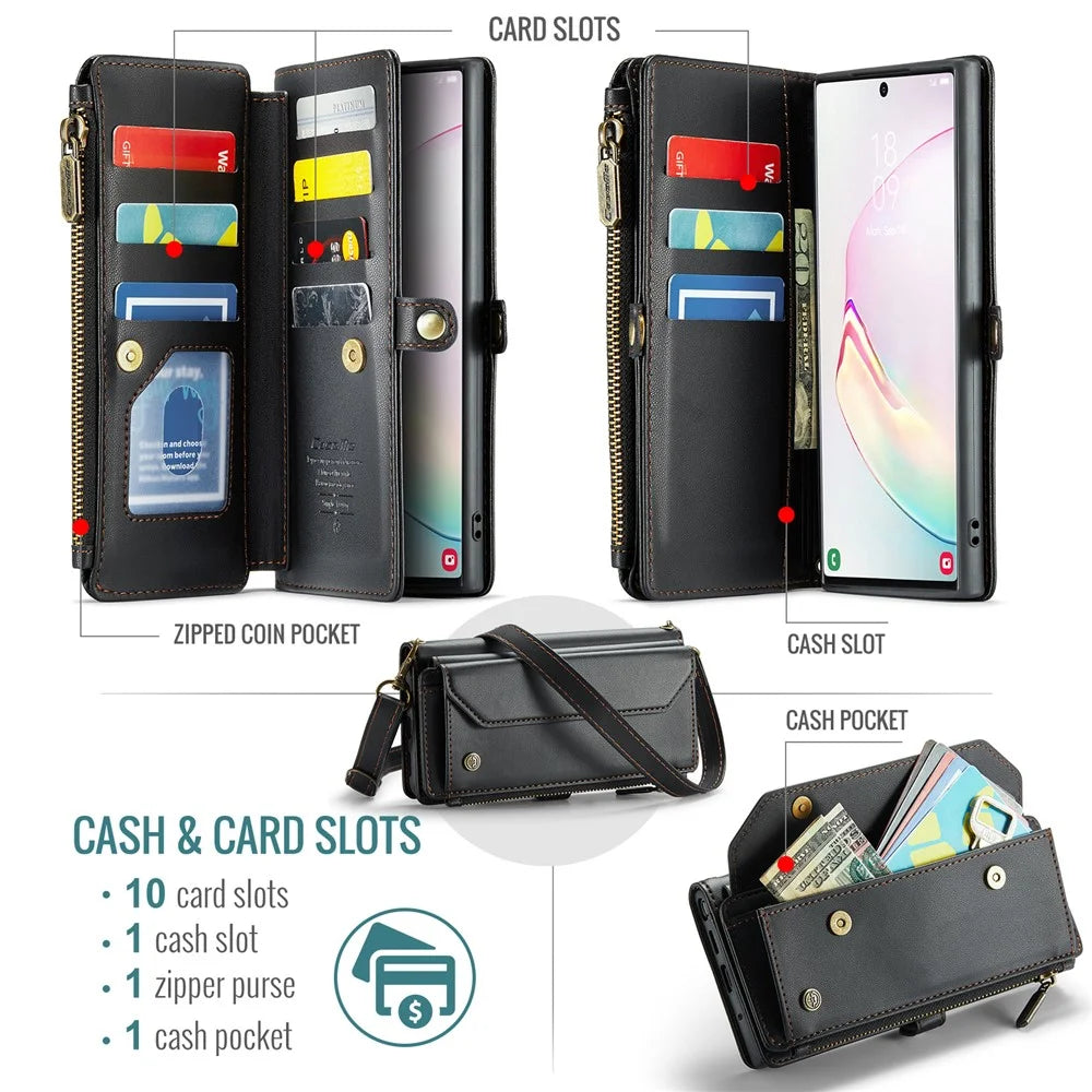 For Samsung Galaxy Note 10 Plus 4G / 5G Leather Case CASEME C36 Zipper Multiple Card Slots Phone Cover with Straps - Black - 4