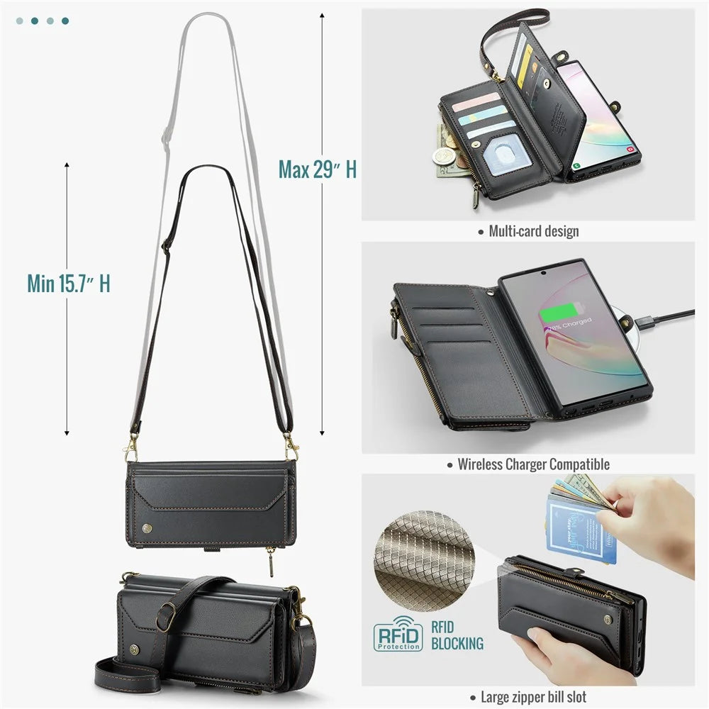 For Samsung Galaxy Note 10 Plus 4G / 5G Leather Case CASEME C36 Zipper Multiple Card Slots Phone Cover with Straps - Black - 6
