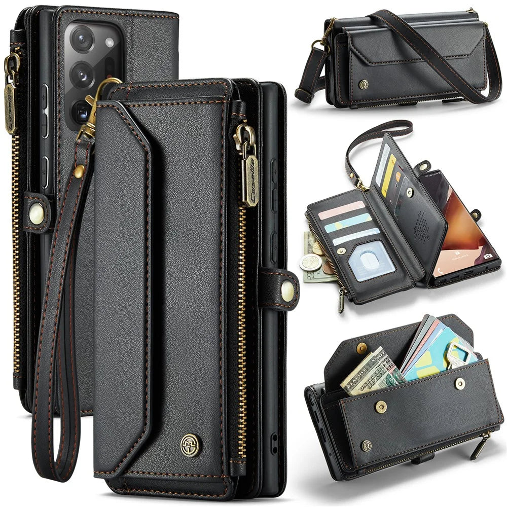 For Samsung Galaxy Note20 Ultra / Note20 Ultra 5G Leather Case CASEME C36 Zipper Multiple Card Slots Phone Cover with Straps - Black - 1