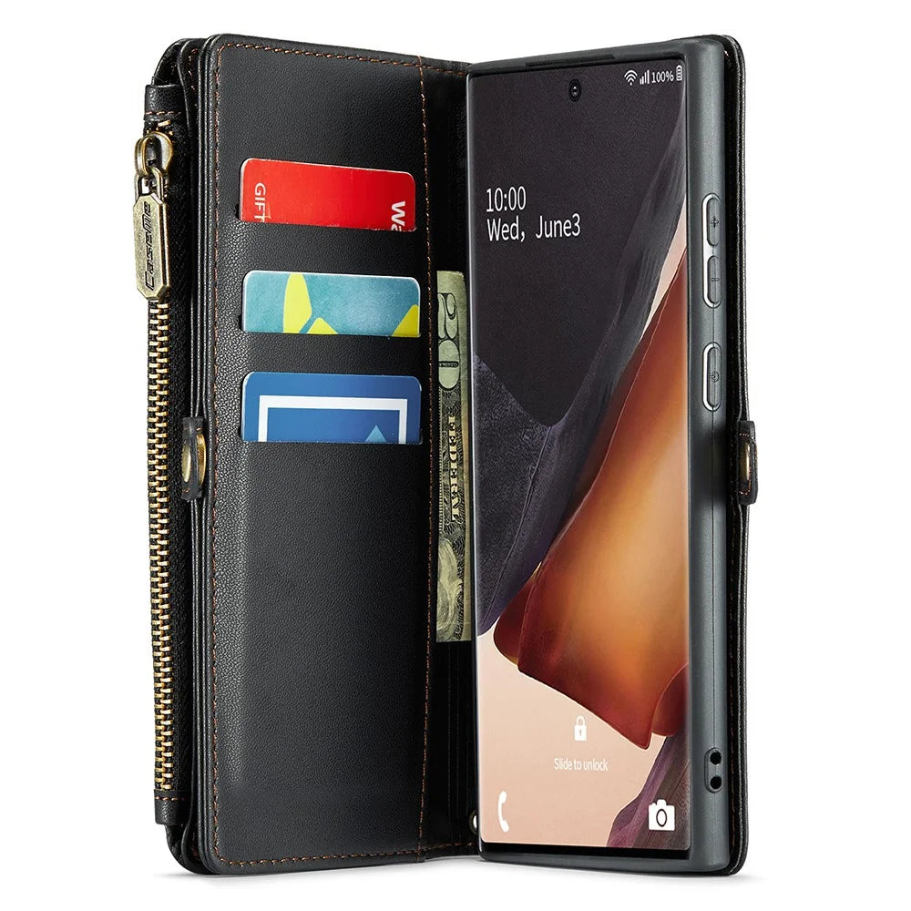 For Samsung Galaxy Note20 Ultra / Note20 Ultra 5G Leather Case CASEME C36 Zipper Multiple Card Slots Phone Cover with Straps - Black - 3