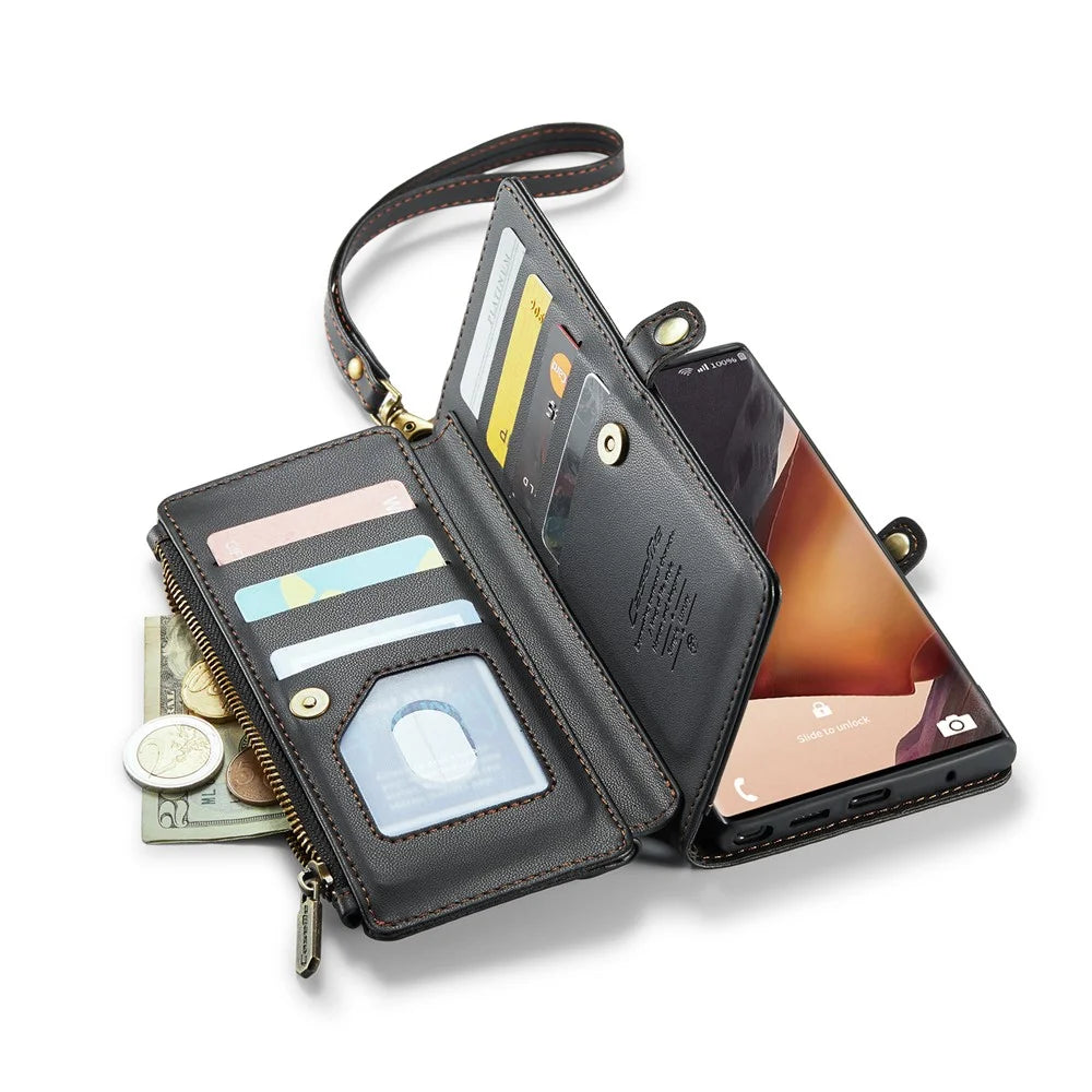 For Samsung Galaxy Note20 Ultra / Note20 Ultra 5G Leather Case CASEME C36 Zipper Multiple Card Slots Phone Cover with Straps - Black - 6