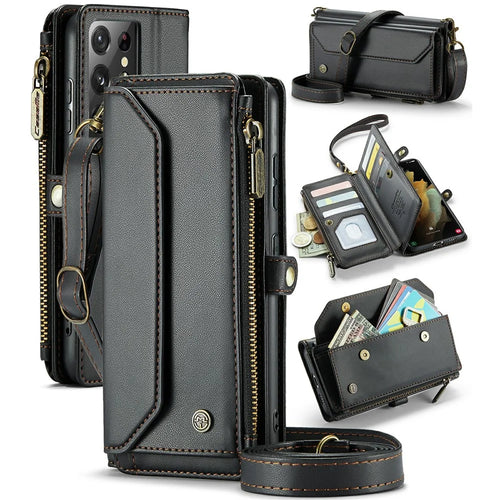 For Samsung Galaxy S21 Ultra 5G Leather Case CASEME C36 Zipper Multiple Card Slots Phone Cover with Straps - Black - 1