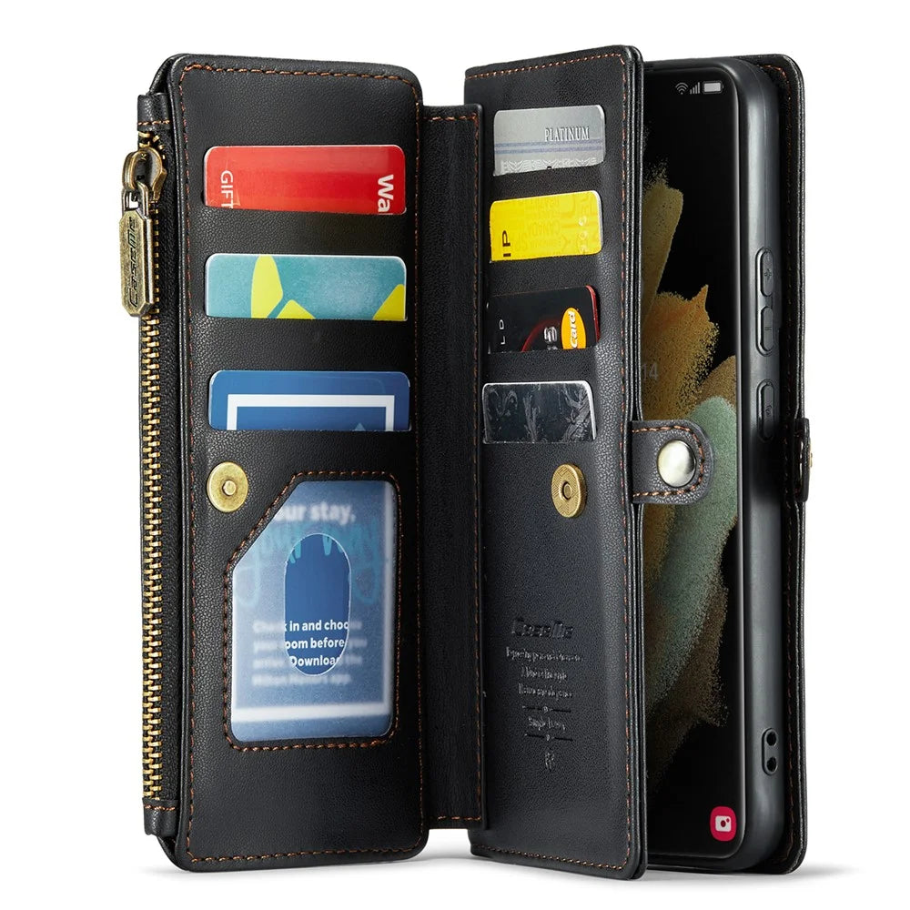 For Samsung Galaxy S21 Ultra 5G Leather Case CASEME C36 Zipper Multiple Card Slots Phone Cover with Straps - Black - 2