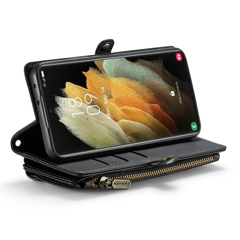 For Samsung Galaxy S21 Ultra 5G Leather Case CASEME C36 Zipper Multiple Card Slots Phone Cover with Straps - Black - 3