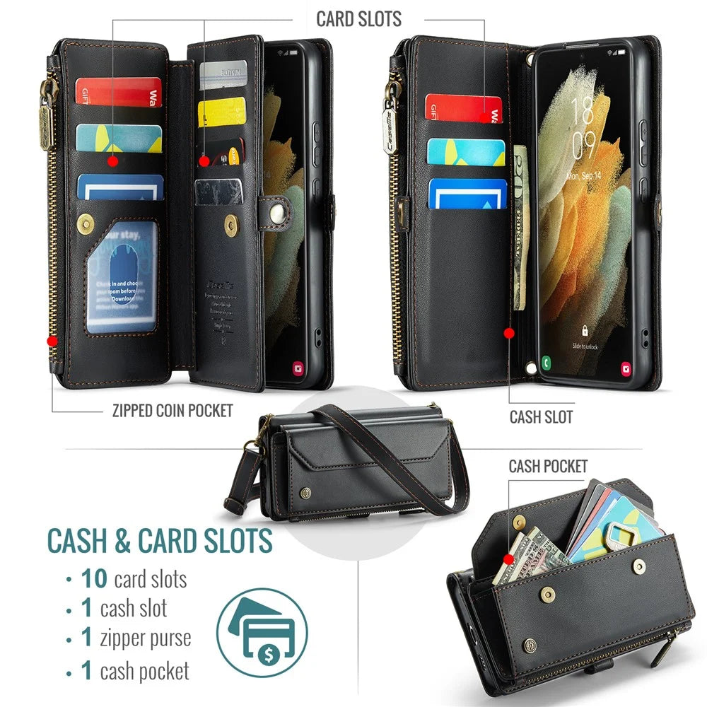 For Samsung Galaxy S21 Ultra 5G Leather Case CASEME C36 Zipper Multiple Card Slots Phone Cover with Straps - Black - 4