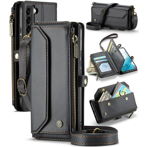 For Samsung Galaxy S22+ 5G Leather Case CASEME C36 Zipper Multiple Card Slots Phone Cover with Straps - Black - 1