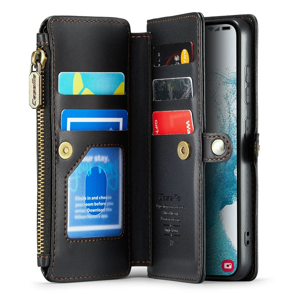 For Samsung Galaxy S22+ 5G Leather Case CASEME C36 Zipper Multiple Card Slots Phone Cover with Straps - Black - 2