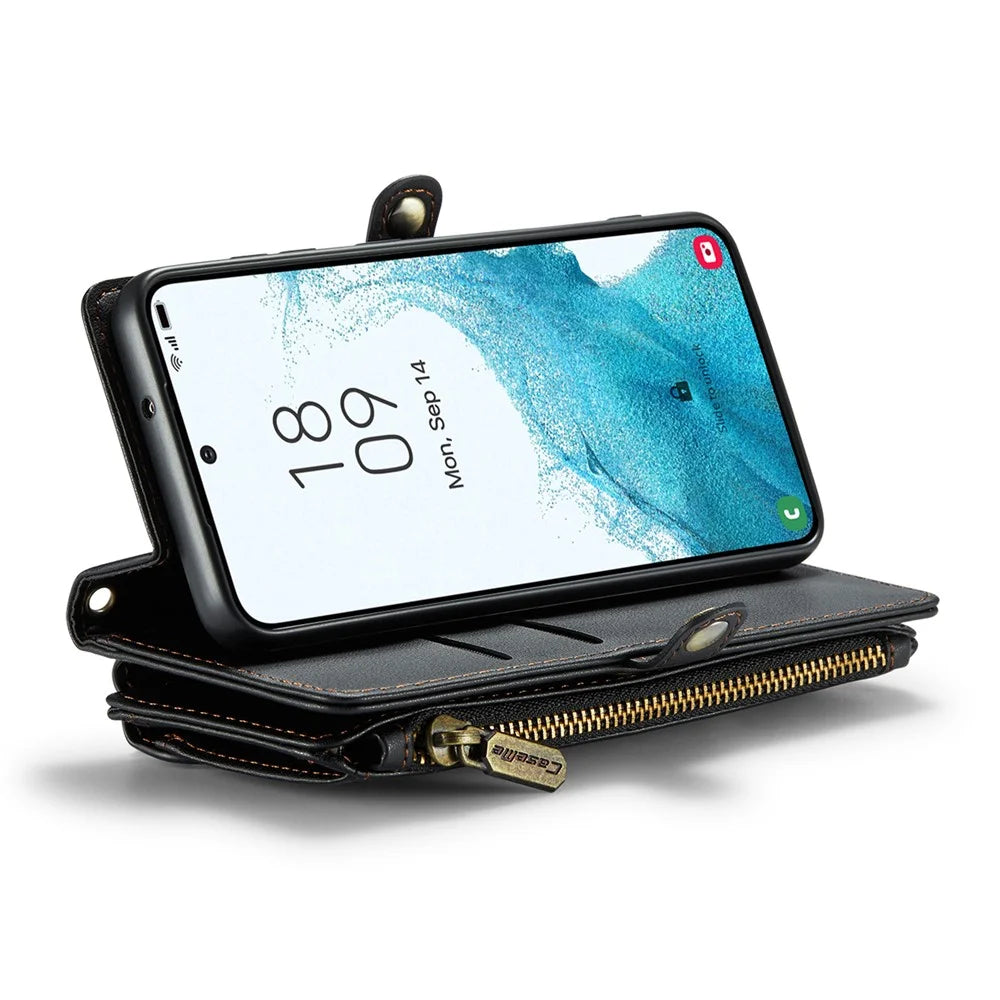 For Samsung Galaxy S22+ 5G Leather Case CASEME C36 Zipper Multiple Card Slots Phone Cover with Straps - Black - 3