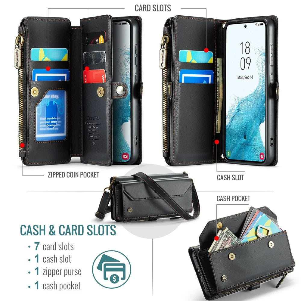 For Samsung Galaxy S22+ 5G Leather Case CASEME C36 Zipper Multiple Card Slots Phone Cover with Straps - Black - 4