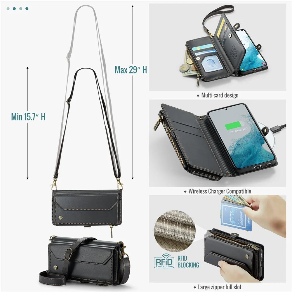 For Samsung Galaxy S22+ 5G Leather Case CASEME C36 Zipper Multiple Card Slots Phone Cover with Straps - Black - 7