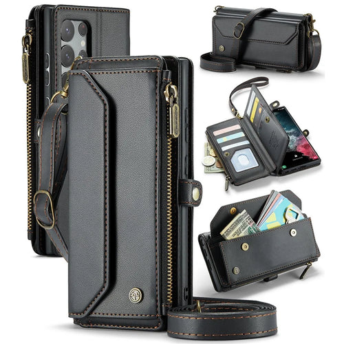 For Samsung Galaxy S22 Ultra 5G Leather Case CASEME C36 Zipper Multiple Card Slots Phone Cover with Straps - Black - 1