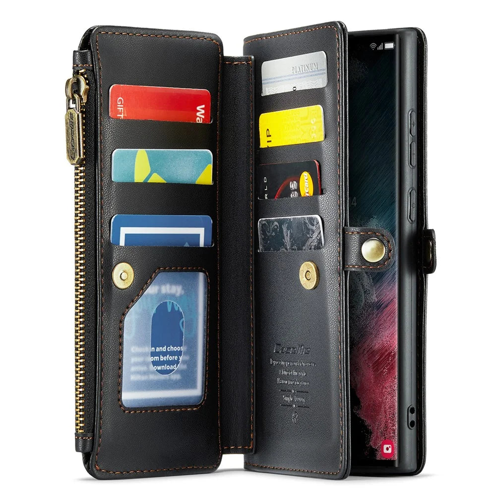 For Samsung Galaxy S22 Ultra 5G Leather Case CASEME C36 Zipper Multiple Card Slots Phone Cover with Straps - Black - 2