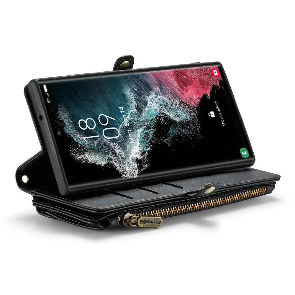 For Samsung Galaxy S22 Ultra 5G Leather Case CASEME C36 Zipper Multiple Card Slots Phone Cover with Straps - Black - 3