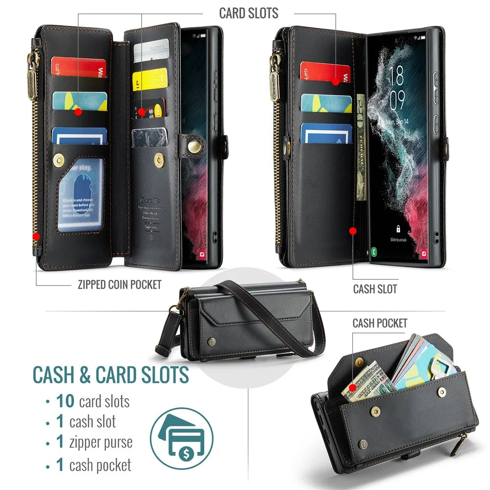 For Samsung Galaxy S22 Ultra 5G Leather Case CASEME C36 Zipper Multiple Card Slots Phone Cover with Straps - Black - 4